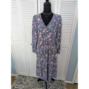 Ann Taylor Loft Dress Women's 8 Floral V Neck Ruched Midi Romantic Cottagecore
